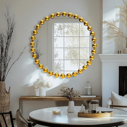 Round Gold Mirror 28'', Spherical Frame Round Mirror for Living Room, Beaded Mirror for Bathroom, Dining Roon, Bed Room, Entryway