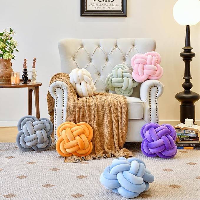 Xuyier Knot Pillow Ball, Decorative Throw Pillows with Velvet Fabric for Couch Bed, 12" Decor Knotted Square Floor Pillow Cushions for Living Room (12 Inches, Dark Yellow)