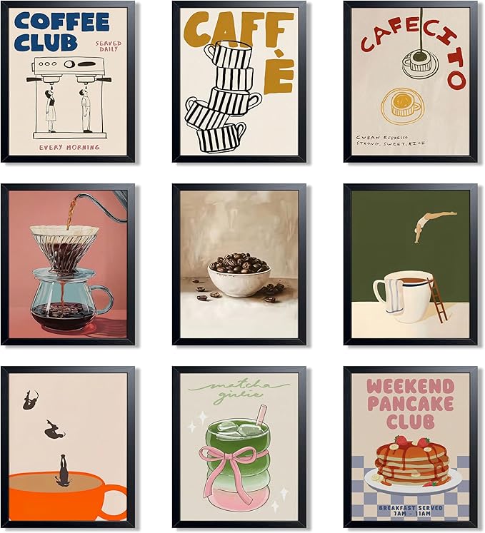 XYHYRA Coffee Wall Art Set of 9, Vintage Coffee Bar Canvas Prints Poster, Cafe Club Matcha Latte Pancake Kitchen Artwork Wall Decor for Coffee Bar Dining Room Home Decor 8x10 Inch Unframed