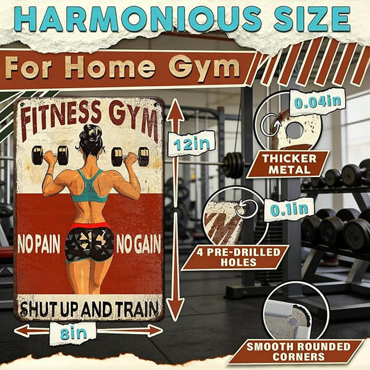 Women‘s Gym Motivational Metal Sign “No Pain No Gain And Train” - 8x12 Inch Vintage Tin Wall Art for Home Gym, Workout Room & Funny Gift Decor