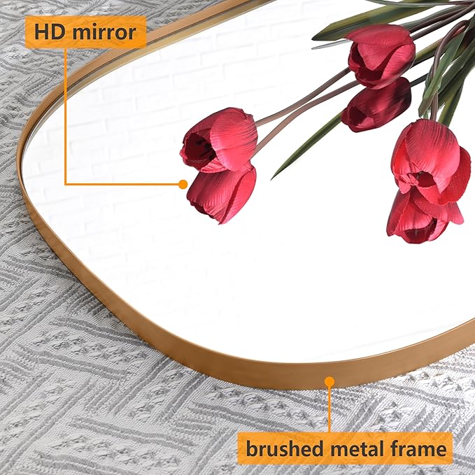 Wall Mirror Decorative Metal Gold Wall-Mounted Mirrors, 47"x18" Oval Tall Mirror for Wall, Full Length Mirrors, Large Bathroom Vanity Mirror Iron Brushed Gold Frame