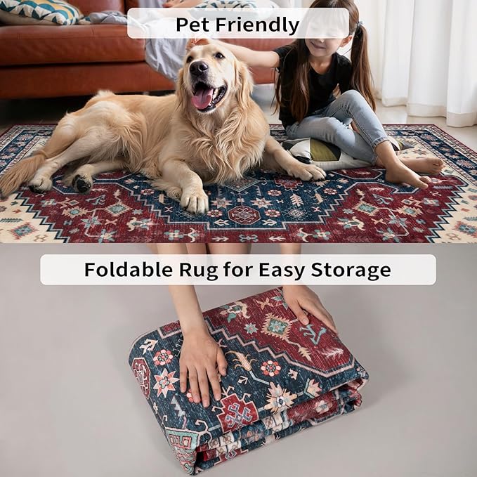 Tangsoo Boho 4x6 Rug for Living Room,Washable Indoor Area Rug,Non-Slip Low Pile Carpet Soft Vintage Decor Mat for Front Porch Dining Room Patio Bedroom Office,Deep Red
