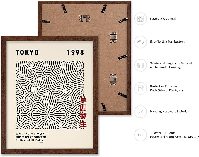 Poster Master Vintage Poster - Retro Pop Art Print - Gift for Artist, Friend - Nets, Tokyo, Black, Modern, Abstract Line - Wall Decor for Living Room, Office, 8x10 Brown Framed