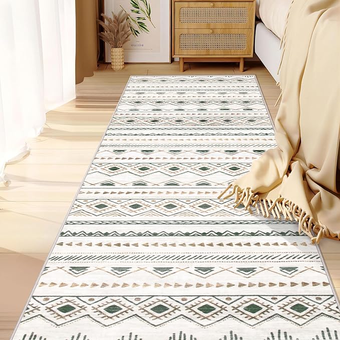 Runner Rug 2x7 Boho Geometric Area Rugs: Washable Kitchen Entryway Rug, Soft Non Slip Moroccan Long Hallway Rugs for Bedroom Bathroom Laundry Entryway Staircase Foyer(Brown Green,2'x7')