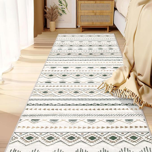 Runner Rug 2x7 Boho Geometric Area Rugs: Washable Kitchen Entryway Rug, Soft Non Slip Moroccan Long Hallway Rugs for Bedroom Bathroom Laundry Entryway Staircase Foyer(Brown Green,2'x7')