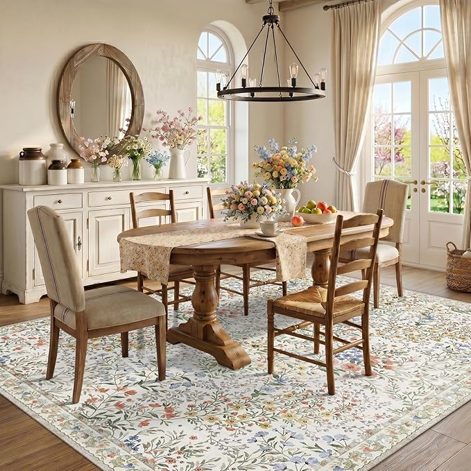 Washable Living Room Area Rug: 8x10 Bedroom Rugs - Farmhouse Distressed Printed Floral Carpet - Foldable Non-Shedding Floor Carpet for Dining Room 8'x10' Beige