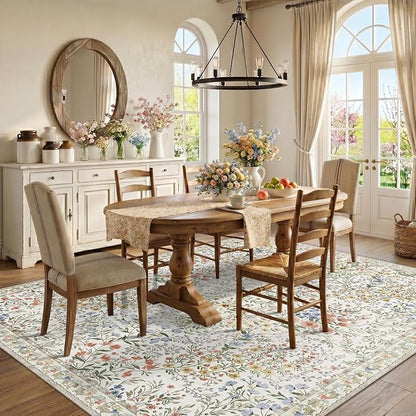 Washable Living Room Area Rug: 8x10 Bedroom Rugs - Farmhouse Distressed Printed Floral Carpet - Foldable Non-Shedding Floor Carpet for Dining Room 8'x10' Beige
