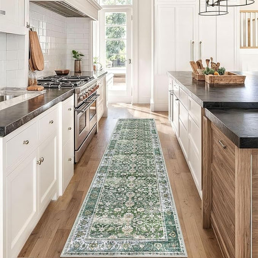 KUTA Vintage Washable Runner Rug, 2x8 Green Runners for Hallways Non-Slip Kitchen Rugs Ultra Thin Soft Printed Distressed Floral Floor Carpet for Laundry Bedroom Living Room Nursery