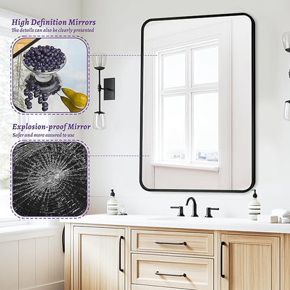 Antok 22x30 Black Metal Framed Bathroom Mirror, Wall Mirror with Round Corners, Vanity Mirror for Over Sink, Anti-Rust Tempered Glass, Horizontal/Vertical Hanging for Bathroom, Living Room, Entryway