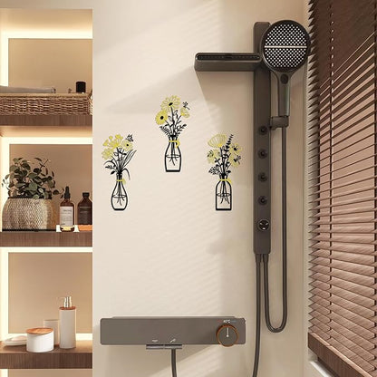 Iron Metal Vase Flower Wall Art Set of 3 - Minimalist Black Floral Decor for Living Room Bedroom Kitchen, Office Garden - Modern Farmhouse Home Decor & Housewarming Gifts (Black-Golden)