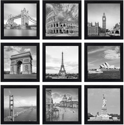 eletecpro 8x8 Picture Frames Set of 9 with Clear Acrylic Cover, Display 4x4 Photos with Mat or 8x8 Without, Classic and Sturdy Square Collage Gallery Wall Decor, Easy Wall Mount, Black