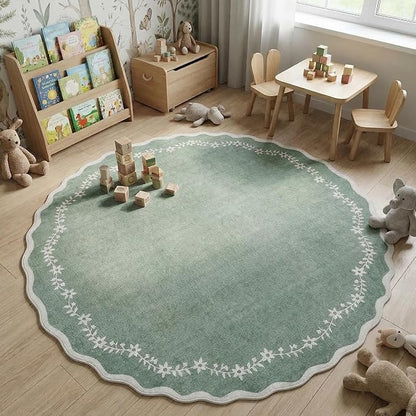 GarveeHome Round Area Rugs 6ft for Bedroom, Sage Green Washable Circle Rug Soft Non Slip Floral Print Floor Mat Leaves Carpet Indoor Thin Rug for Living Room Dining Room Playroom Nursery