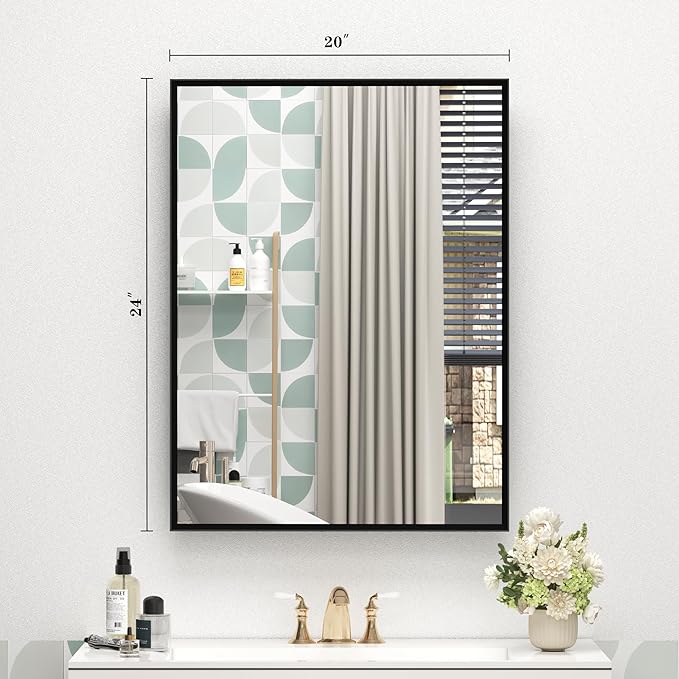 20" x 24" Black Framed Bathroom Mirror for Wall, Rectangular Beveled Vanity Mirror with Aluminum Alloy Frame, Right Angle Corner, HD Reflection, Horizontal or Vertical Mount