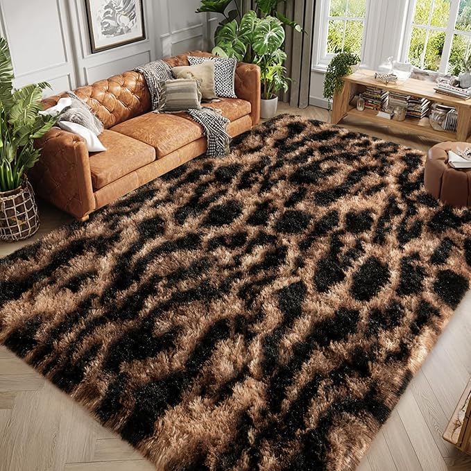qulint Leopard Rug for Living Room, 5x7 Fluffy Carpet for Bedroom Soft Shaggy Cheetah Rug for Kids Room, Modern Animal Carpet for Dorm Room Nursery Home Decor Aesthetic (5ft x 7ft, Leopard)