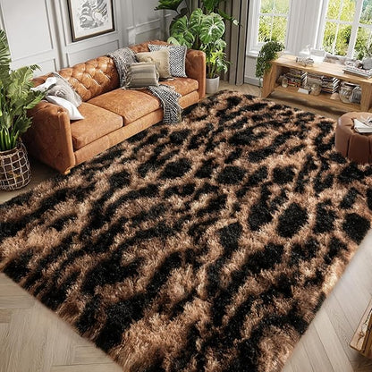 qulint Leopard Rug for Living Room, 5x7 Fluffy Carpet for Bedroom Soft Shaggy Cheetah Rug for Kids Room, Modern Animal Carpet for Dorm Room Nursery Home Decor Aesthetic (5ft x 7ft, Leopard)