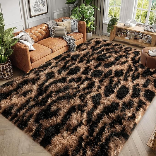 qulint Leopard Rug for Living Room, 5x7 Fluffy Carpet for Bedroom Soft Shaggy Cheetah Rug for Kids Room, Modern Animal Carpet for Dorm Room Nursery Home Decor Aesthetic (5ft x 7ft, Leopard)