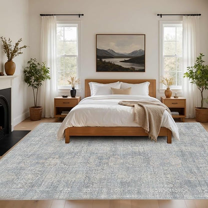Rugxara 8x10 Area Rugs for Living Room, Large Washable Rug, Blue Vintage Retro Boho Style, Non Slip & Low Pile Faux Wool Carpet for Indoor Dining Room, Bedroom, Dorm and Kids Room(Blue/Beige 8x10ft)