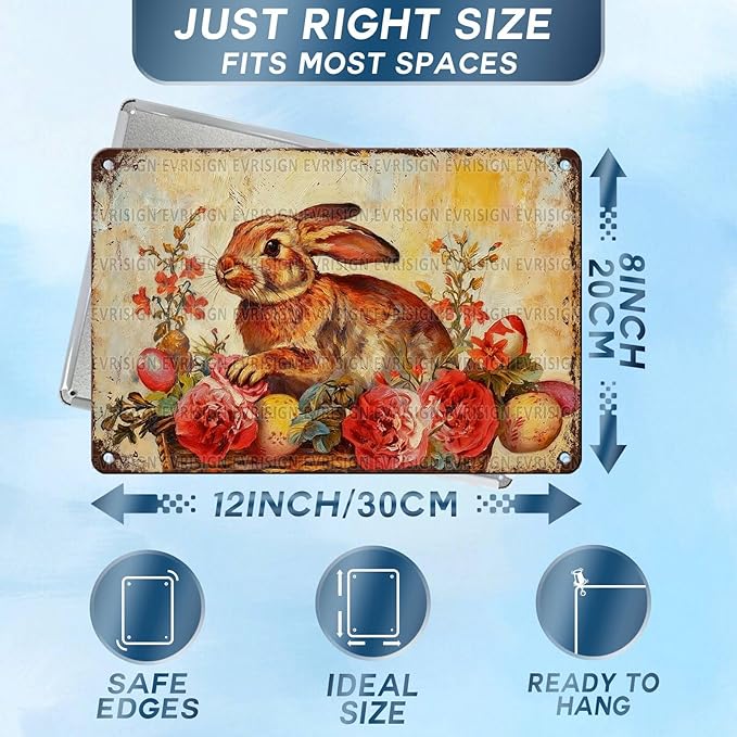 Bunny In Basket Metal Sign Easter Spring Theme Pink Flowers Eggs Design Rustic Farmhouse Wall Decor For Home Kitchen Garden Seasonal Decor 8x12Inch