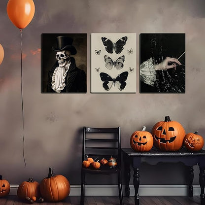 Dark Academia Wall Art, Moody Gothic Canvas Prints Wall Decor Paintings, Victorian Creepy Skull and Moth Posters Pictures Artwork for Bedroom Living Room 12x16 Inch Framed