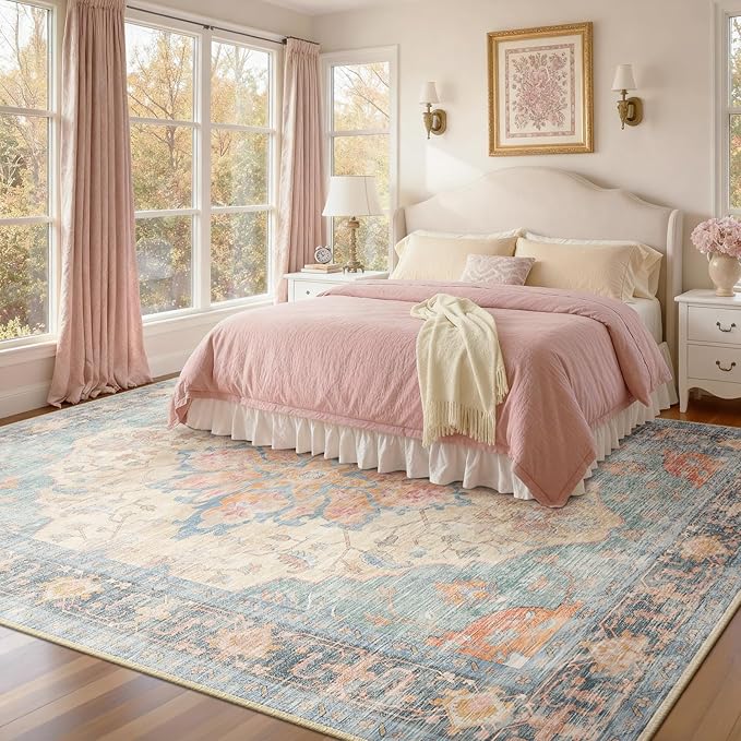 RELEANY Area Rugs 7'x10' Washable Non-Slip, Floral Vintage Distress Print Pattern Medallion Carpet for Living Room Bedroom Dining Room, Blue Orange Red