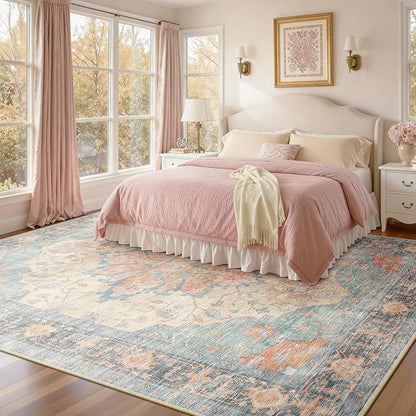 RELEANY Area Rugs 8'x10' Washable Non-Slip, Floral Vintage Distress Print Pattern Medallion Carpet for Living Room Bedroom Dining Room, Blue Orange Red