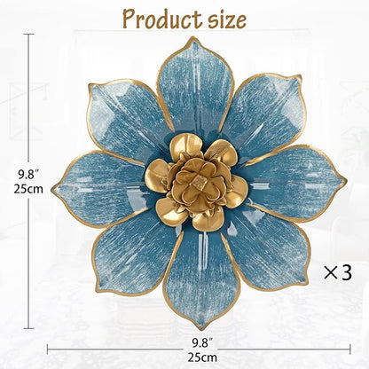 Metal Flowers Wall Decor Blue and Gold Wall Art Hanging Decorations 3 Pc Rustic Modern Floral Sculpture Wall Accent Artwork Indoor Outdoor for Bathroom Bedroom Living Room Garden Patio Porch 10 Inch