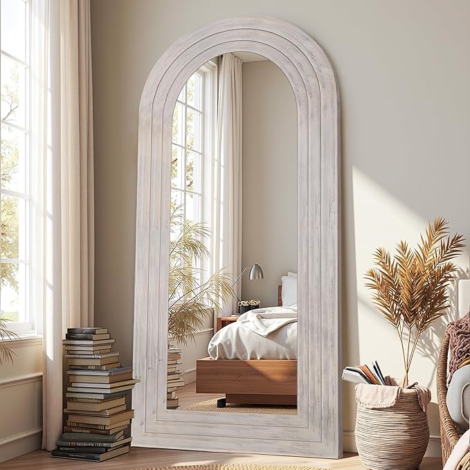 Antok Full Length Mirror with Solid Wood Frame, 71"×32" Wall Mounted Oversized Floor Mirror with Stand, Leaning Standing Hanging for Bedroom Living Room Entryway, White, Arched Syle