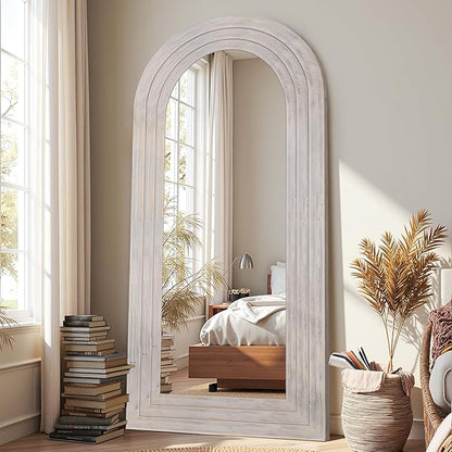 Antok Full Length Mirror with Solid Wood Frame, 71"×32" Wall Mounted Oversized Floor Mirror with Stand, Leaning Standing Hanging for Bedroom Living Room Entryway, White, Arched Syle