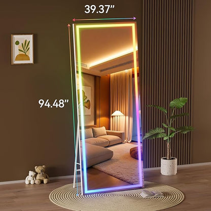 Hasipu 94"x39" LED RGB Bluetooth Home Gym Mirror Full Length with Lights, Wall Mount & Free Standing Full Body Mirror for Bedroom Workout Yoga, Detachable Stand, 7 Color & Brightness Adjustable