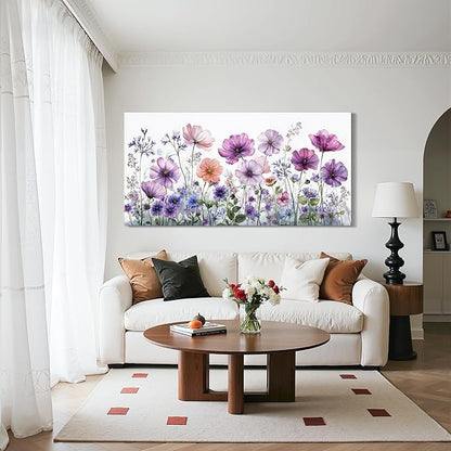SERIMINO Oversized Wall Art, Flower Wall Art, Large Wall Decor, White Purple Wildflowers Picture, Nature Botanical Prints, Big Paintings for Living Room Dining Room Hallway Modern Farmhouse 29"x57"