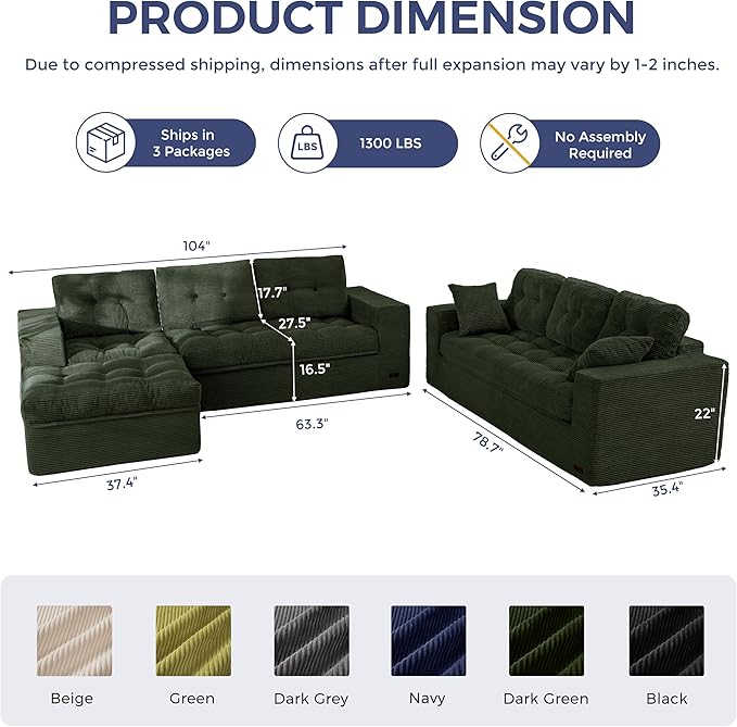 MAXYOYO Modular Sectional Sofa with Ottoman and Loveseat, Cloud Boneless Couch with Layered Cushion, Flexible Module Combination Sofa for Living Room, No Assembly Required,Dark Green