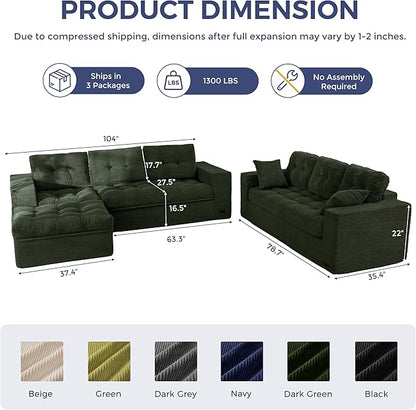 MAXYOYO Modular Sectional Sofa with Ottoman and Loveseat, Cloud Boneless Couch with Layered Cushion, Flexible Module Combination Sofa for Living Room, No Assembly Required,Dark Green