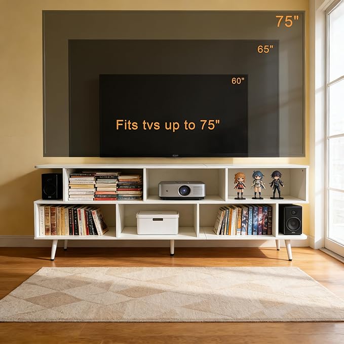 Lightdot 65 Inch TV Stand for 75 Inch TVs, Modern Entertainment Center with Power Outlets, Open Storage Shelf Media Console, Accent Sofa Table for Living Room Bedroom Apartment Dorm Home Office, White