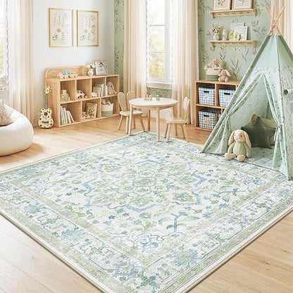 CAPALOCA Machine Washable Rugs Nursery Rug Sq6ft Cute Girl Non Slip Low Pile Water Repellent Soft Print Pattern for Bedroom Indoor Decor Kids Playroom Green Blue