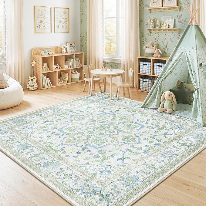 CAPALOCA Machine Washable Rugs Nursery Rug Sq5ft Cute Girl Non Slip Low Pile Water Repellent Soft Print Pattern for Bedroom Indoor Decor Kids Playroom Green Blue