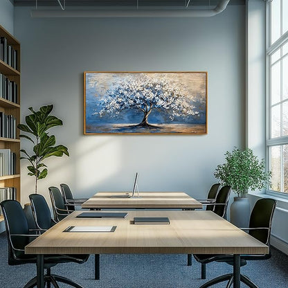SERIMINO Tree of Life Wall Art, Large Framed Wall Art, Blue Tree Abstract Painting Art Prints, Nature Plant Canvas Art Wall Decor, Modern Neutral Pictures for Living Room Bedroom Office Hotel 24"X48"