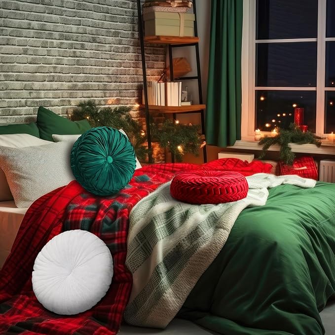 Beeveer 3 Pcs Round Throw Velvet Pillows Classy Accent Pumpkin Throw Pillows 15 Inch Decorative Cushion for Couch Chair Bed Car, 2 Styles(Red, Green, White)