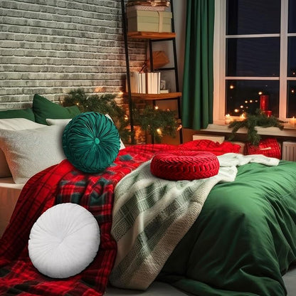Beeveer 3 Pcs Round Throw Velvet Pillows Classy Accent Pumpkin Throw Pillows 15 Inch Decorative Cushion for Couch Chair Bed Car, 2 Styles(Red, Green, White)