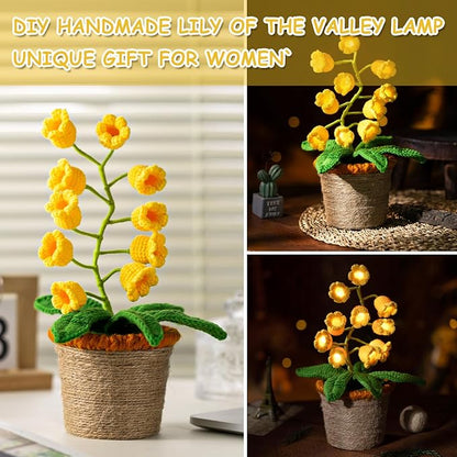 Lily of The Valley Lamp, Yellow Crochet Artificial Flowers with Night Lights, Cordless Table Lamp -Birthday Gifts for Women,Cozy Home Decor Mothers Day Gifts