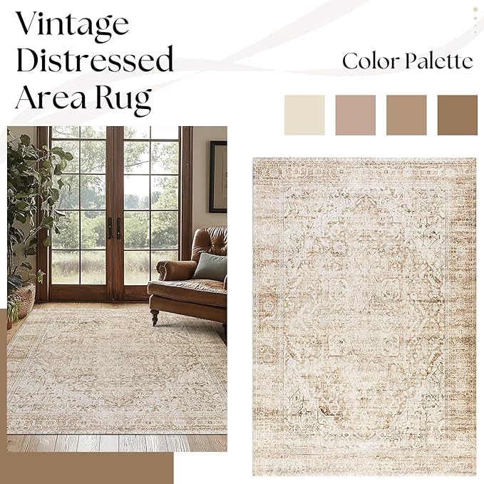 Neutral Farmhouse Hallway Rug Runner 2x6 Washable Non Slip Rubber Backing Vintage Modern Boho Runners Rugs for Entryway Indoor Kitchen Bathroom,Tan Brown Beige