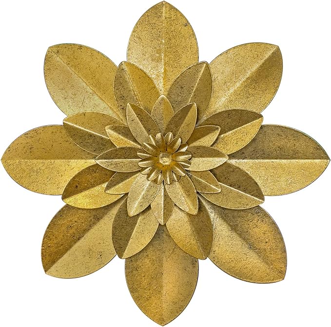 Golden Metal Flower Wall Art Decor, 9.5“ Rustic Modern Floral Sculpture, Distressed Iron Wall Hanging Home Decoration Accent Artworks for Indoor Kitchen Bedroom Living Room Office Outdoor Garden Patio
