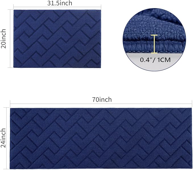 hicorfe Kitchen Runner Rugs and Mats Sets,2 Pieces Absorbent Non-Slip Kitchen Rug,Comfort Kitchen Mat for Floor,Washable for Kitchen,Hallway,Office,Sink,Laundry(24"x71"+20"x32",Navy Blue)