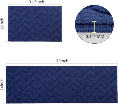 hicorfe Kitchen Runner Rugs and Mats Sets,2 Pieces Absorbent Non-Slip Kitchen Rug,Comfort Kitchen Mat for Floor,Washable for Kitchen,Hallway,Office,Sink,Laundry(24"x71"+20"x32",Navy Blue)