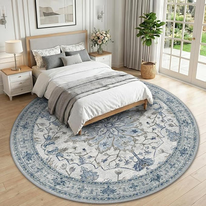 RELEANY Area Rugs Round 10ft Washable Non-Slip, Floral Vintage Distress Print Pattern Medallion Carpet for Living Room Bedroom Dining Room, Light Blue Navy Beige Gray White