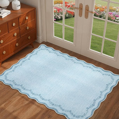 GarveeHome Valentines Scalloped Entryway Rug, 2x3 Solid Blue Washable Front Door Rug Indoor Entrance Floral Carpet Non-Slip Low Pile Throw Rugs for Kitchen, Powder Room, Entry, Bathroom, Kids Room