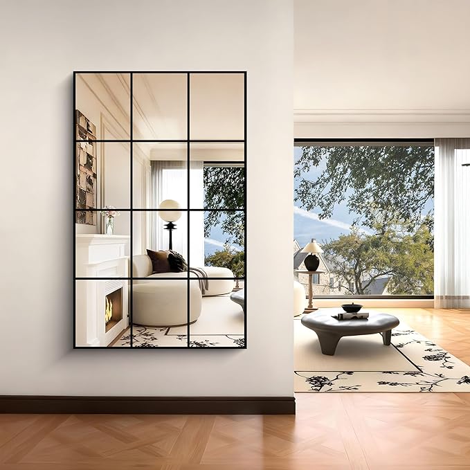 YIROMAN Window Pane Mirror, 30x48 Inch Black Rectangular Mirrors for Wall Mounted Decor, Large Window Metal Framed Mirror for Bedroom Living Room Fireplace Entryway, Hanging or Leaning Against Wall