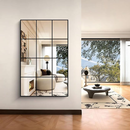YIROMAN Window Pane Mirror, 30x48 Inch Black Rectangular Mirrors for Wall Mounted Decor, Large Window Metal Framed Mirror for Bedroom Living Room Fireplace Entryway, Hanging or Leaning Against Wall