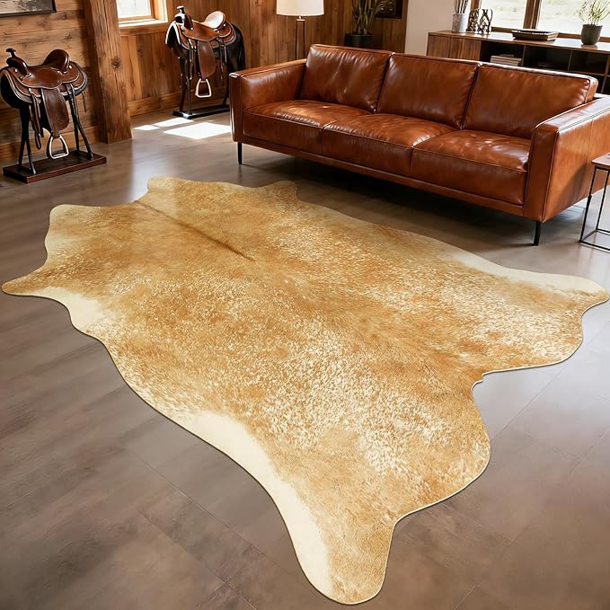 Cowhide Rug for Living Room, Washable Cow Hide Rug, Large Faux Animal Skin Rugs, Non-Slip Cow Print Area Rugs, 8x10Ft Large Cowhide Rugs for Bedroom Office Kitchen Fireplace, Khaki