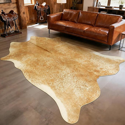 Cowhide Rug for Living Room, Washable Cow Hide Rug, Large Faux Animal Skin Rugs, Non-Slip Cow Print Area Rugs, 8x10Ft Large Cowhide Rugs for Bedroom Office Kitchen Fireplace, Khaki