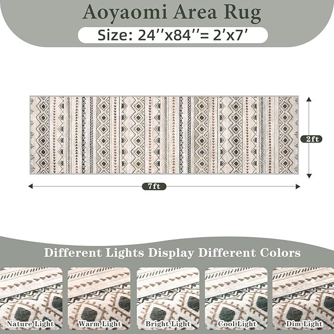 Runner Rug 2x7 Boho Geometric Area Rugs: Washable Kitchen Entryway Rug, Soft Non Slip Moroccan Long Hallway Rugs for Bedroom Bathroom Laundry Entryway Staircase Foyer(Brown Green,2'x7')